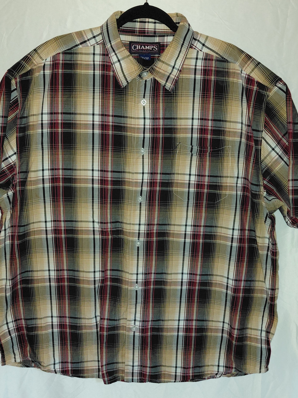 Champs Short-Sleeve Plaid Button-Down Shirt in Beige, Black & Red #2273